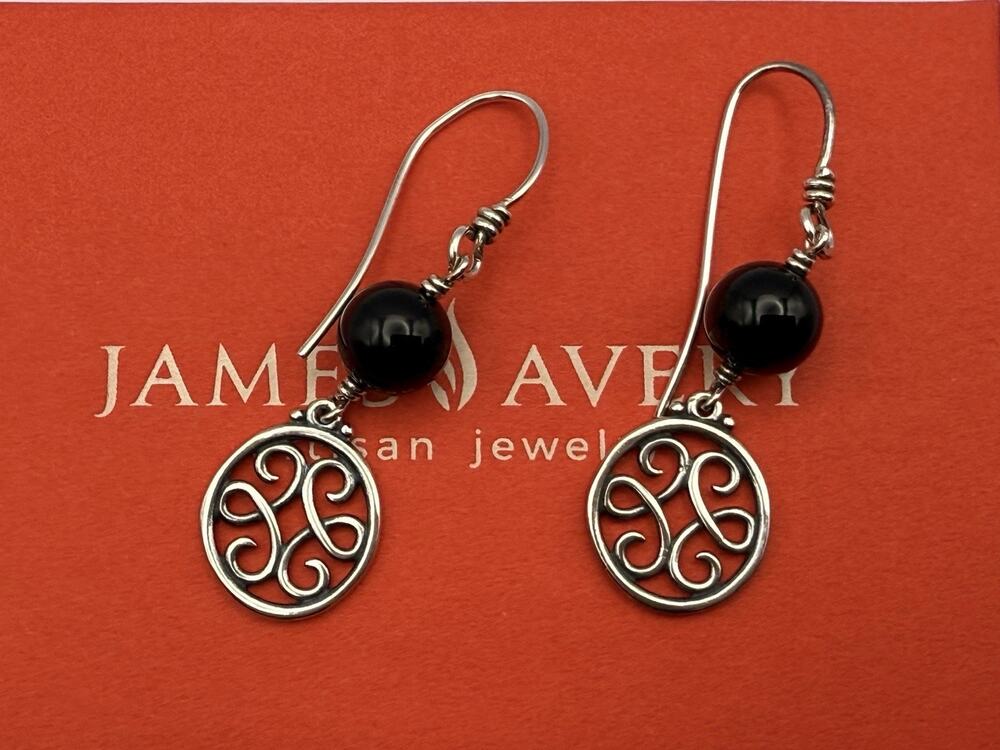 Elegant James Avery Retired Sterling Silver Onyx Lace Bead Drop/Hook Earrings
